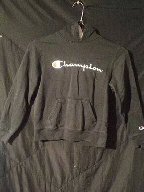 Champion Black Hoodie with White and Orange Logo